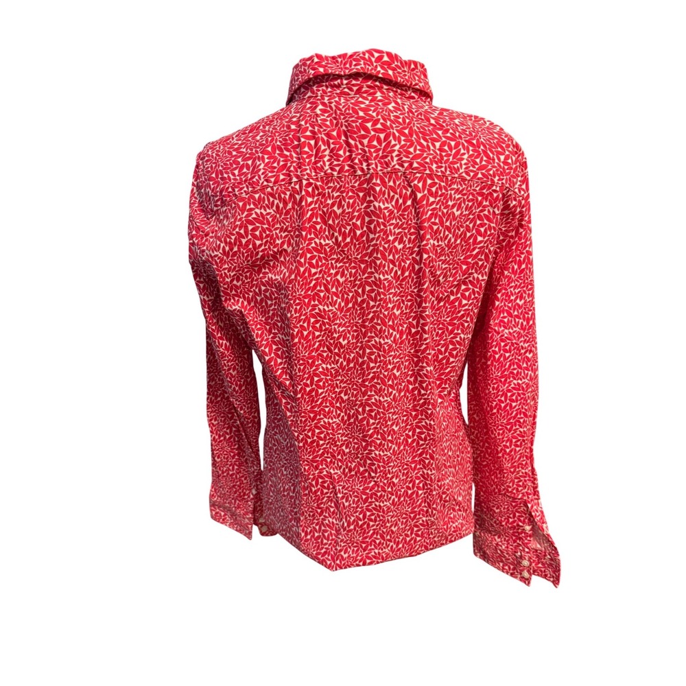 Lands End Womens Red White Leaf Print Button Up Shirt Size 14 Stretch Cotton - Picture 4 of 6